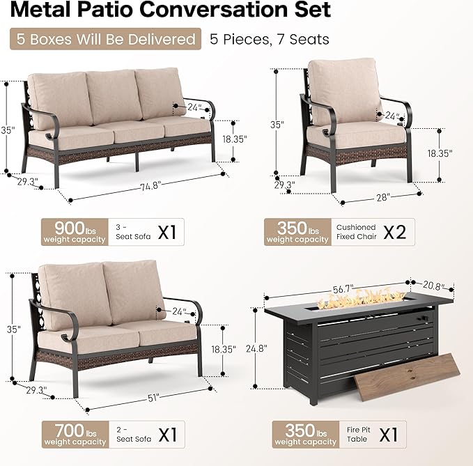5 Piece Metal Outdoor Patio Furniture Sets with Firepit Table, Patio Conversation Sets 1 3-Seater Sofa, 1 2-Seater Loveseat, 2 Single Sofa with 5.75" Cushion for Backyard Deck, Beige
