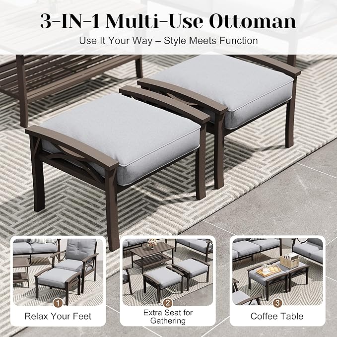 8-Piece Outdoor Patio Furniture Set, Outdoor Metal Sectional Furniture with Cushions, Outdoor Conversation Seating Set with Side Table for Deck, Backyard, Garden, Balcony, Grey
