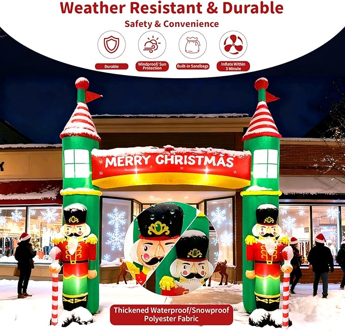 10FT Christmas Inflatable Outdoor Decoration, Nutcracker Soldier Christmas Inflatables Archway, Christmas Blow Up Yard Decorations Built-in LED Lights Xmas Archway Outdoor for Lawn Garden Xmas