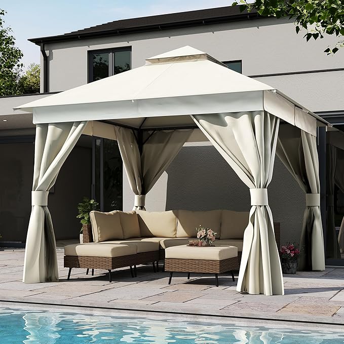 LAUSAINT HOME Semi-Permanent Patio Gazebo 10'x10' with Expansion Bolts, Outdoor Heavy Duty Party Tent with Double Roofs, Mosquito Nettings and Privacy Screens for Backyard, Garden, Lawn, Cream White