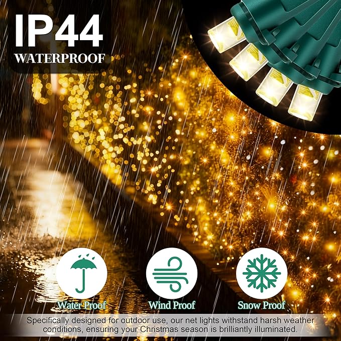 100 LED Christmas Net Lights Outdoor, Waterproof 4 x 6 Ft Outdoor Christmas Lights for Xmas Trees Decorations, Bushes,Shrubs, Connectable 5mm Net Lighting Warm White, Green Wire UL Listed, 1 Pack