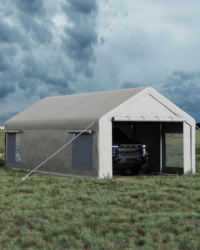 13X25 Ft Carport Canopy,Portable Garage with 4 Roll-Up Windows & Doors, Heavy-Duty 200g PE Tarp, Waterproof UV Resistant Anti-Snow Shelter for Car, Truck, Boat, Motorcycle