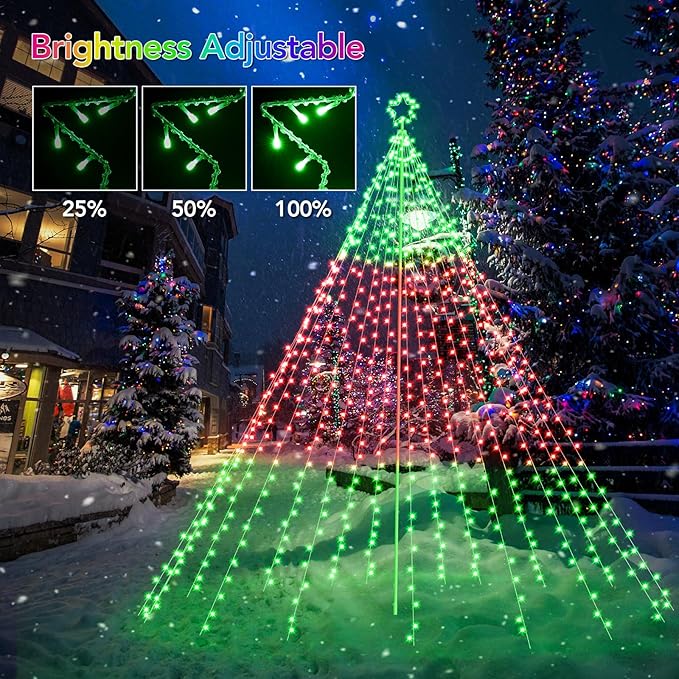 13.5FT Smart Christmas Tree Lights LED, Remote & App Control IP67 Waterproof multiple Scene Modes Waterfall Lights with Pole, Sync Music Modes Christmas Decorations for Outdoor Xmas Party Wedding