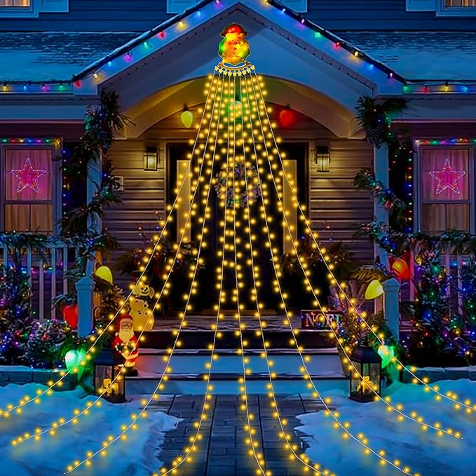 Christmas Decorations Outdoor String Lights - 335 LED 11.48ft 9 Strands Waterfall Tree Lights with Topper, 8 Lighting Modes Christmas Lights Indoor Decorative for Wedding Yard Party Home