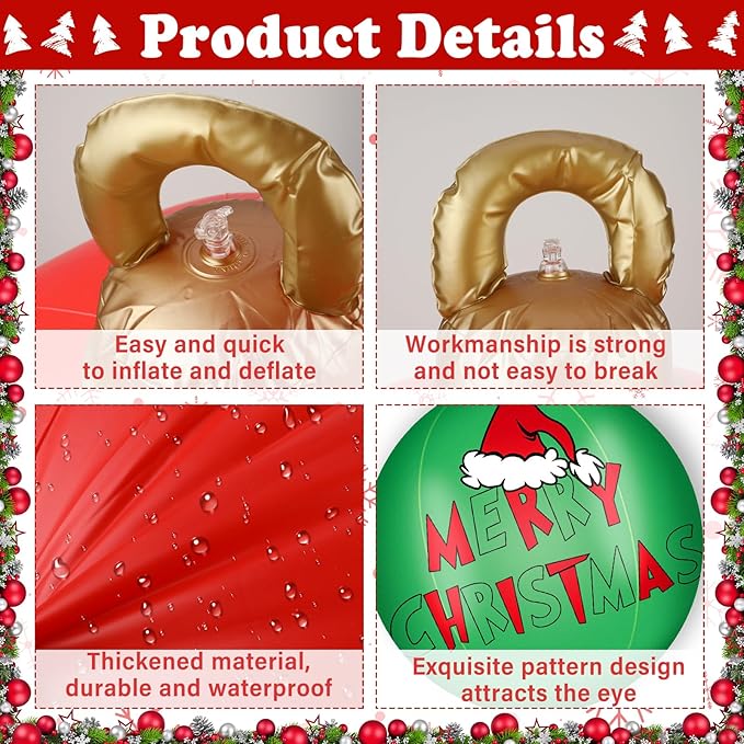 Jetec 4 Pcs Giant Inflatable Christmas Ball Large Xmas Inflatable Ornaments PVC Outdoor Holiday Blow Ball Outside Yard Lawn Porch Decorations (Polka Pattern,Vibrant Color)