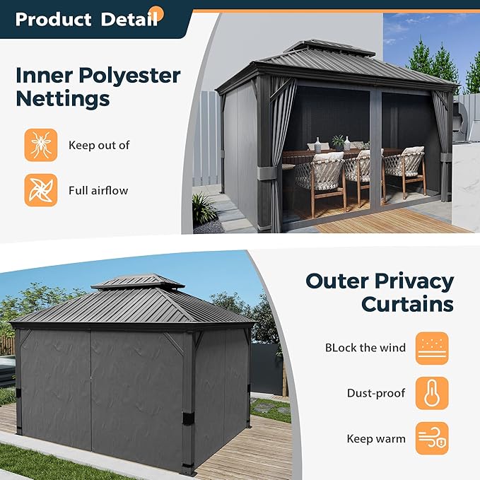 HAPPATIO 10' x 12' Hardtop Gazebo with Netting and Curtains, Double Roof Permanent Patio Metal Gazebo Canopy for Patio, Deck, Backyard （Gray）