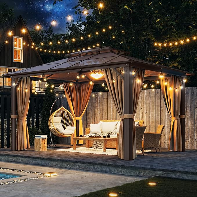 Aoxun 10'x13' Hardtop Gazebo, Aluminum Frame Permanent Pavilion with Curtains and Netting, Outdoor Polycarbonate Gazebo, Double Roof Canopy, for Gardens, Patios, Lawns