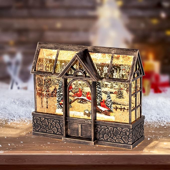 Christmas Lantern Snow Globe, Cardinal Music Box with 8 Songs, 6H Timer Battery Operated & USB Powered Suitable for Christmas Home Decorations Holiday Table Party Decor Gifts