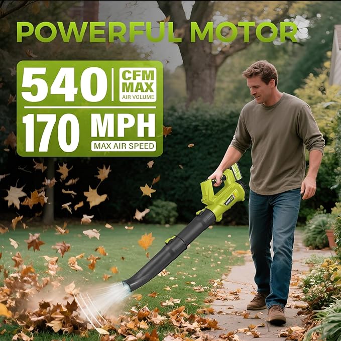 Cordless Leaf Blower with Battery and Charger£¬540 CFM/170 MPH,Battery Powered with 2 x 6.0Ah Batteries,6-Speed & Turbo Mode,Lightweight for Lawn Care,Patio,Leaves,Dust,and Snow Removal,Green