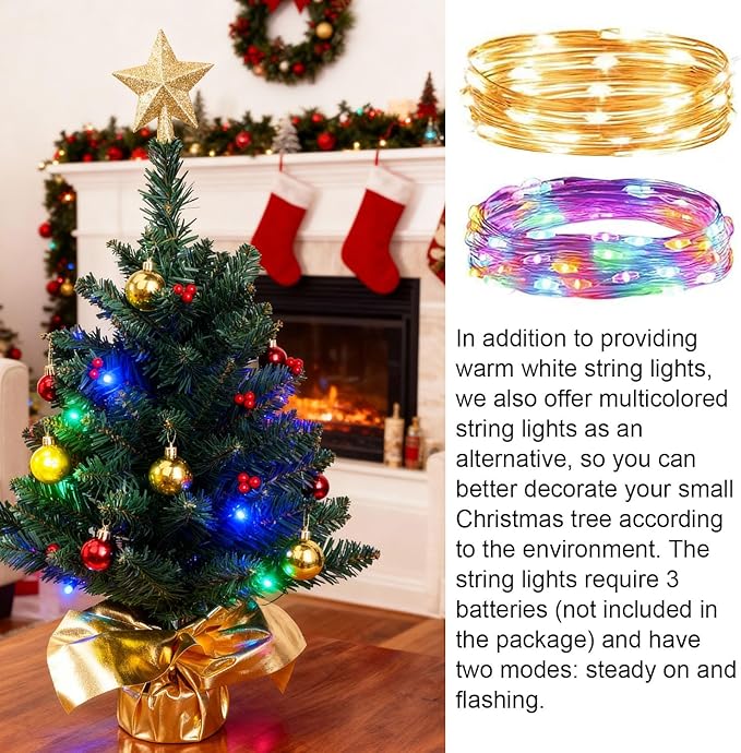 Liecho 24 Inch Tabletop Mini Christmas Tree, Miniature Pine Christmas Tree with Hanging Ornaments, Battery Operated Artificial Xmas Tree, Best DIY Christmas Decorations-Gold