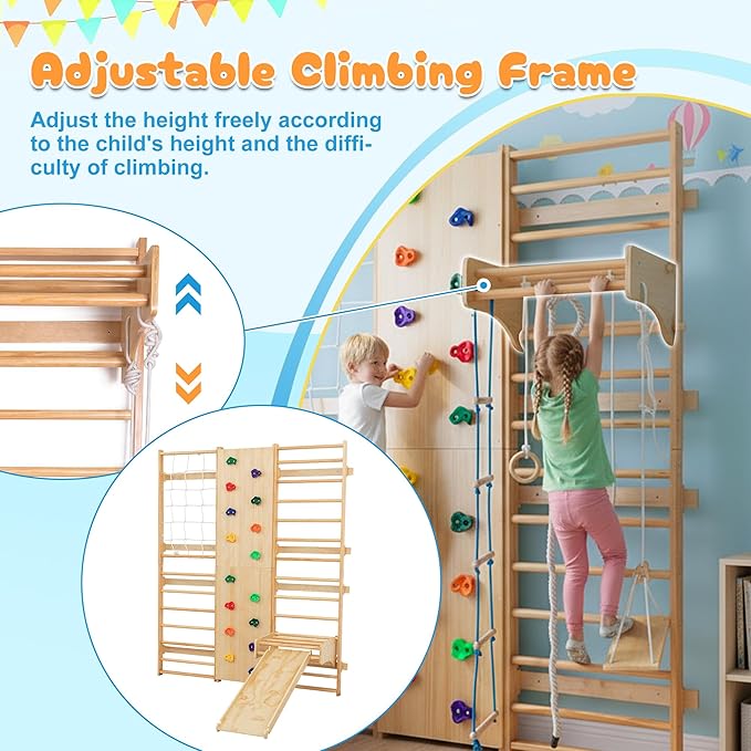 10-in-1 Indoor & Outdoor Wooden Playset for Kids, All-in-One Climbing Playground with Slide, Monkey Bars, Swing, Rock Wall, Climbing Net, Rings & Ladder –Sturdy Backyard Adventure Set for Active Play