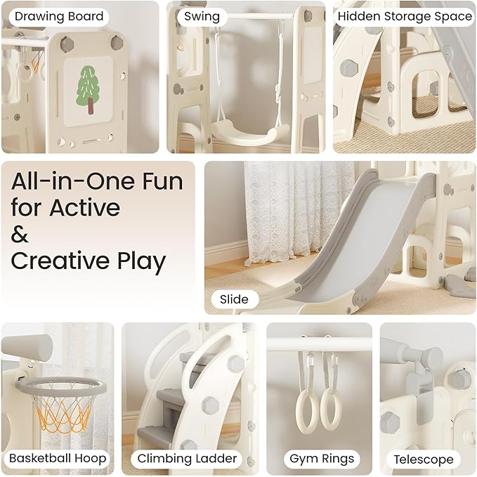 9 in 1 Toddler Slide and Swing Set with Basketball Hoop, Drawing Board, Rings & Telescope Indoor Outdoor Playset for Kids, Playground Activity Center, Toddler Swing and Slide Set