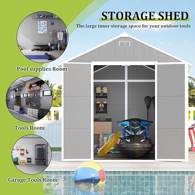 8x8 FT Resin Storage shed, Outdoor Storage Sheds with Floor, Window, Lockable Doors and Vents, 12mm Thick pp Board, Large Storage Space Tool Shed for Lawn, Backyard, Patio (Gray, 8 * 8ft)