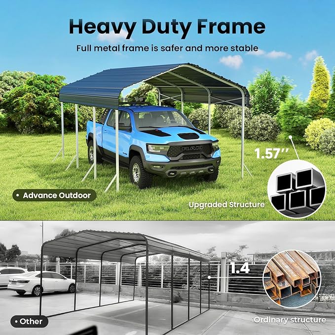 10x15ft Heavy Duty Metal Carport – Outdoor Galvanized Garage, Sturdy Structure, All-Weather Protection, Easy Assembly for Cars, Trucks, Boats, Tractors, and Outdoor Storage (Grey, 10x15FT)