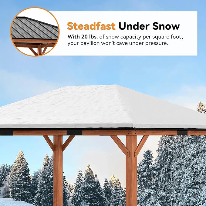 Modern Shade Tranquil Grove Wood Gazebo 12' x 16', Grill Gazebo with Galvanized Steel Roof, Mosquito Netting and Curtains, Permanent Hardtop Pavilion with Sturdy Hooks for Garden, Backyard