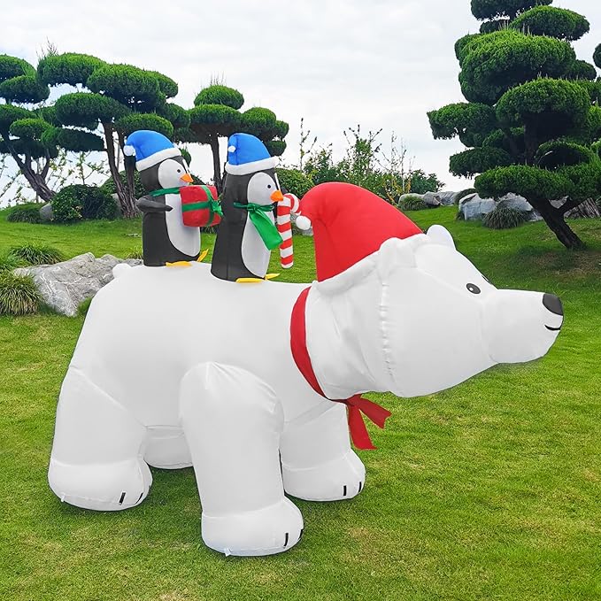 DearSun 7FT L Christmas Inflatable Penguins on Polar Bear with Shakable Head, Blow up Christmas Inflatable with Build-in LED Lights Outdoor Party Yard Decoration