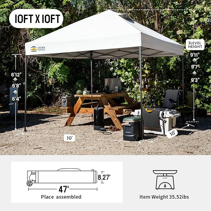 CROWN SHADES 10x10 Pop Up Canopy - Patented Center Lock One Push Instant Outdoor Canopy Beach Tent with STO-N-Go Bag 8 Stakes & 4 Sand Bags，White