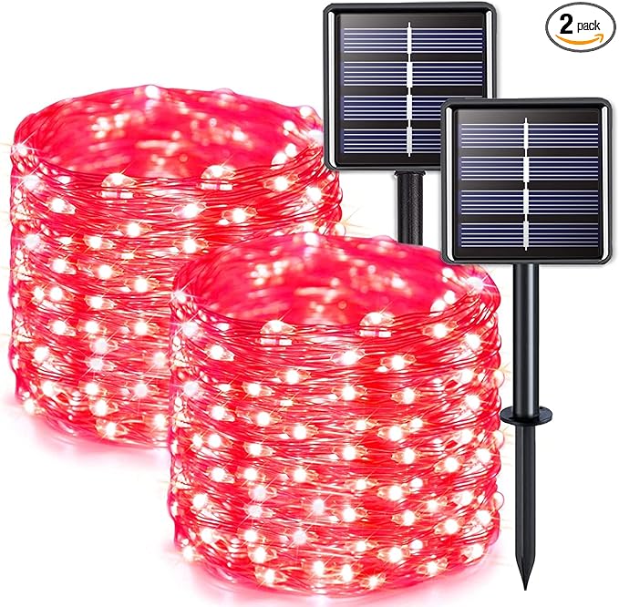 JMEXSUSS 2 Pack Red Solar Lights Outdoor Waterproof, Each 33FT 100 LED Red Christmas Lights, Solar Fairy String Light for Outside Tree Party Patio Christmas Halloween Decorations