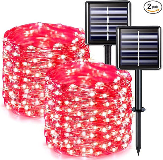 JMEXSUSS 2 Pack Red Solar Lights Outdoor Waterproof, Each 33FT 100 LED Red Christmas Lights, Solar Fairy String Light for Outside Tree Party Patio Christmas Halloween Decorations