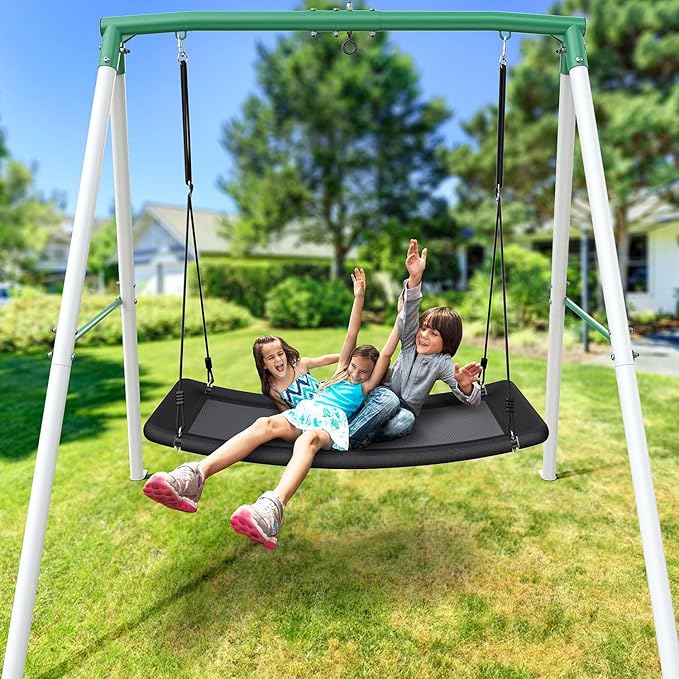 Trekassy Swing Sets for Backyard, 440lbs Heavy Duty A-Frame Metal Stand with 60 Large Platform Swing for Outdoor Playground Park£¨Black£©