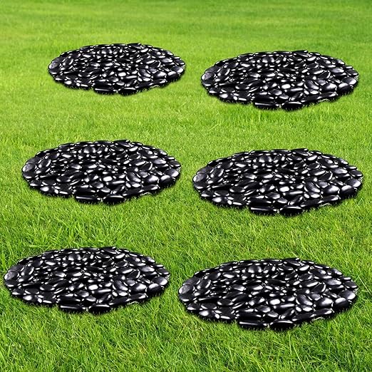 10in River Rock Stepping Stones Set - 6 Pack | Polished Pebble | Long-Lasting PVC Mesh Backing | Perfect for Garden Paths and Lawns Outdoor Landscaping Decoration | Black Circle