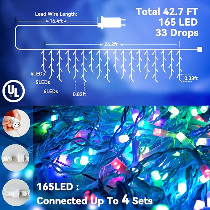 LitHome Color Changing Icicle Lights for Outdoor, 35 Colors Christmas Icicle Lights Outside with Remote Plug In, 165 LED 26FT Icicle Christmas Light Indoor Connectable for Xmas Holiday Roof Home Decor