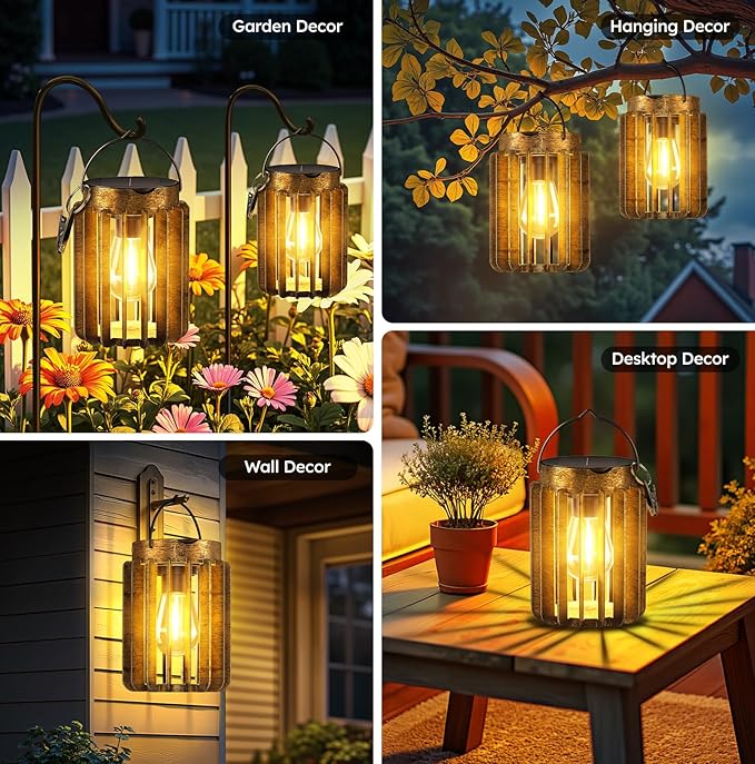 Solar Lanterns Outdoor Waterproof, Brighter Up to 12 Hrs Outdoor Hanging Solar Lights, Outside Hanging Lanterns for Garden Porch Patio Yard Decor, Gifts for Women Mom Father 4 Pack