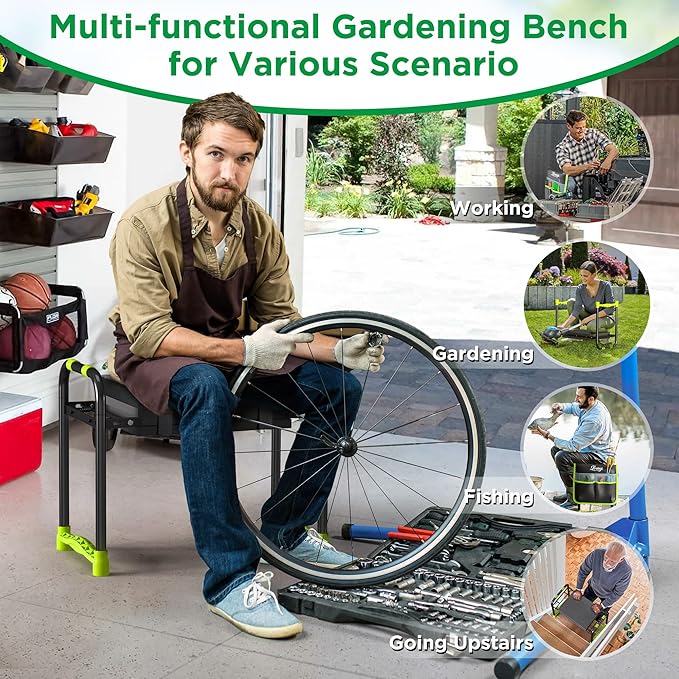 10.8¡± Wide Garden Kneeler and Seat, Heavy Duty Foldable Gardening Stool with Tool Belt Pouch, Included Thickened Kneeling Pad, Portable Gardening Bench Chair for Seniors & Parents
