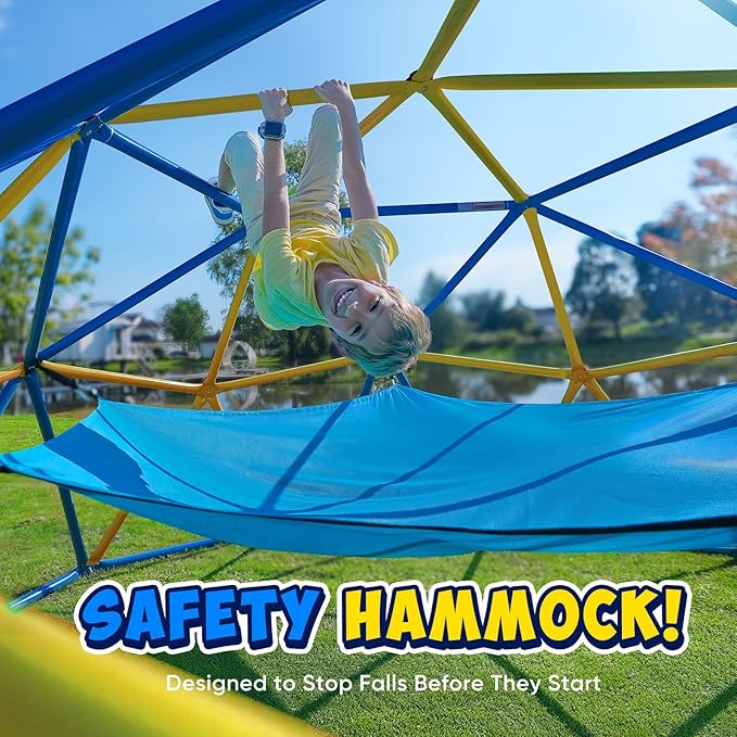 Zupapa 10FT Climbing Dome with Hammock, Outdoor Jungle Gym for Kids, Geometric Dome Climber Supporting 1000LBS Outdoor Play Equipment, Yellow&Blue