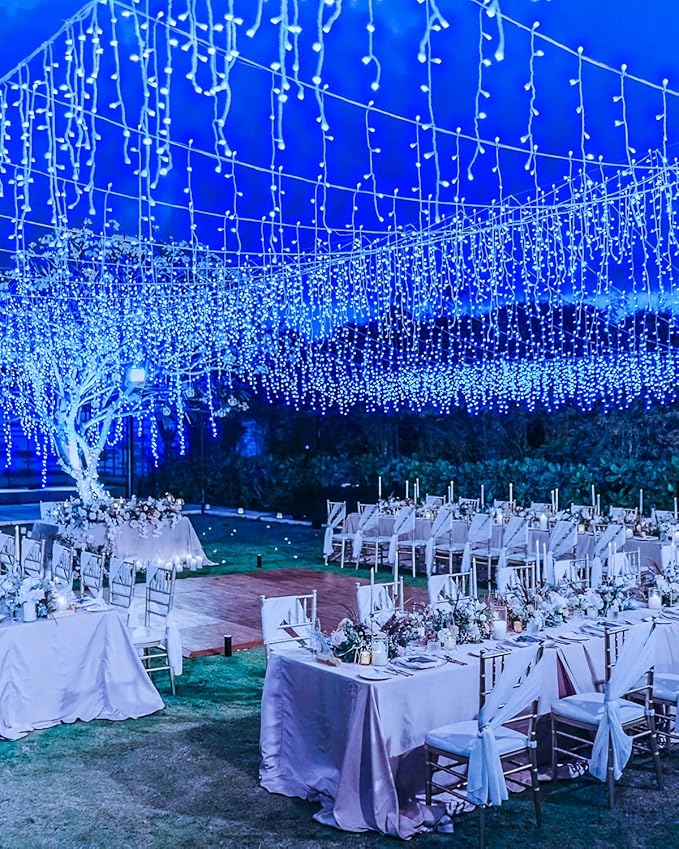 159 FT Blue Christmas Lights Outdoor, 1458 LED Waterproof Outside Christmas Lights Plug in, Timer & Memory, 8 Modes Fairy Lights with 324 Drops for House Eaves Yard Patio Wedding Decorations