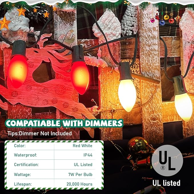 C9 Red and White Christmas Lights Outdoor, 25FT Vintage Christmas String Lights Waterproof with 26 C9 Ceramic Large Bulb Christmas Light UL Listed for Roofline Holiday Party Backyard Patio Decorations