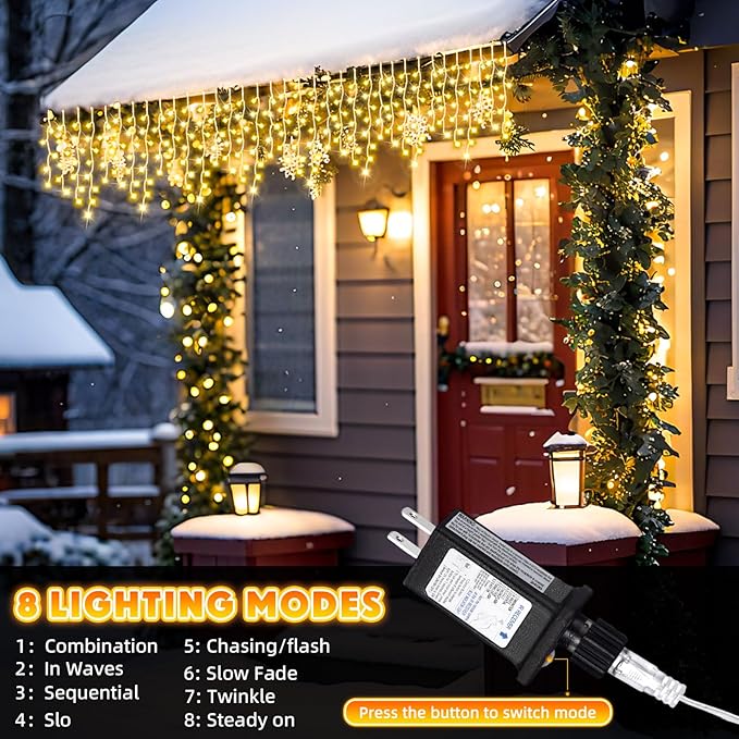 118 ft 1248 LED Christmas Outdoor Icicle Lights LED Fairy String Hanging Lights Waterproof with 8 Modes Timer for Christmas Decorations Wedding Holiday Party Roof Yard, Warm White