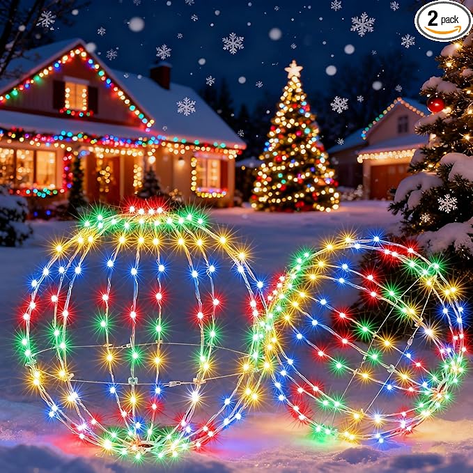 Joomer 2 Pack Christmas Big Ball Lights, 20IN & 18IN Foldable Metal Sphere Lights Waterproof with Timer, Plug-in Hanging Tree Globe Light for Christmas Decorations-Multicolor (Non-connectable)
