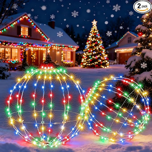 Joomer 2 Pack Christmas Big Ball Lights, 20IN & 18IN Foldable Metal Sphere Lights Waterproof with Timer, Plug-in Hanging Tree Globe Light for Christmas Decorations-Multicolor (Non-connectable)
