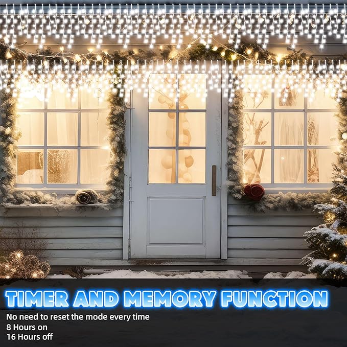 118 ft 1248 LED Christmas Outdoor Icicle Lights LED Fairy String Hanging Lights Waterproof with 8 Modes Timer for Christmas Decorations Wedding Holiday Party Roof Yard, White