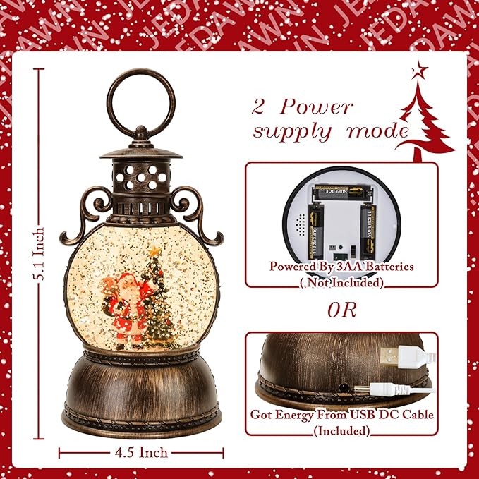 Snow Globe Lighted Christmas Decorations,Christmas Snow Globe Lantern with Musical, Retro Style Holiday Glitter Globe for Xmas Home Decoration Gifts