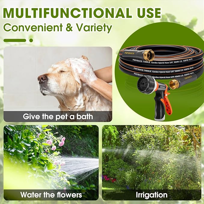 Heavy Duty Garden Hose ? 5/8 Inch Flexible, Lightweight Hybrid Hose with 600 PSI Burst Pressure, Swivel Handle, and Durable Copper Male/Female Fittings (Black with hose sprayer, 25FT)