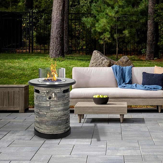 Outdoor Propane Fire Pit Table, Round Porcelain Tile Top 22 Fire Bowl Column W/ 40,000 BTU Firepit Table Auto-Ignition 400D Cover Glass Rocks for Outside Patio
