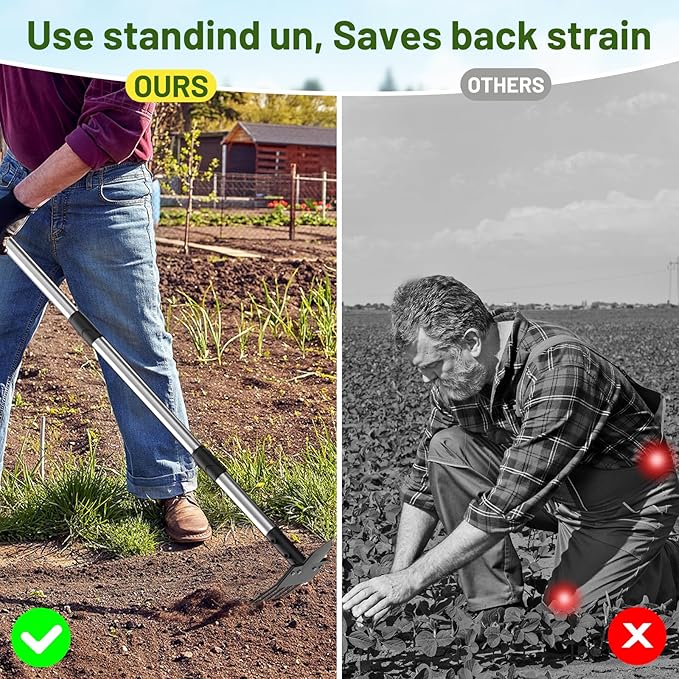 2-in-1 Heavy-Duty Weed Puller Tool with 5-Tine Rake ? 30 to 60 Adjustable Handle, Hoes for Gardening, Hoe Garden Tools for Loosening Soil, Planting, Weeding