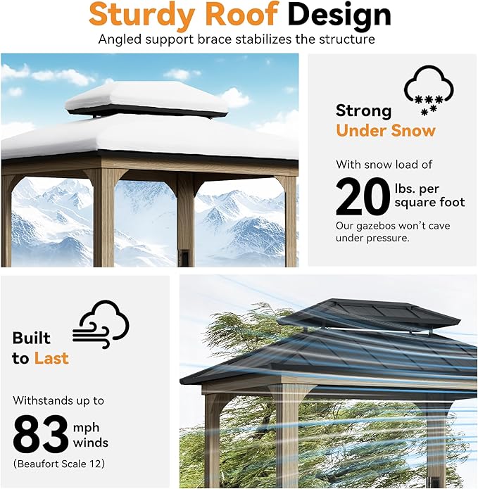 Modern Shade Grill Gazebo 6' X 8', Aluminum BBQ Gazebos with Shelves and Ceiling Hook, Grill Canopy Hardtop with Galvanized Steel Roof, Outdoor Grill Gazebo with Extra-Wide Column Design, Wood-Looking