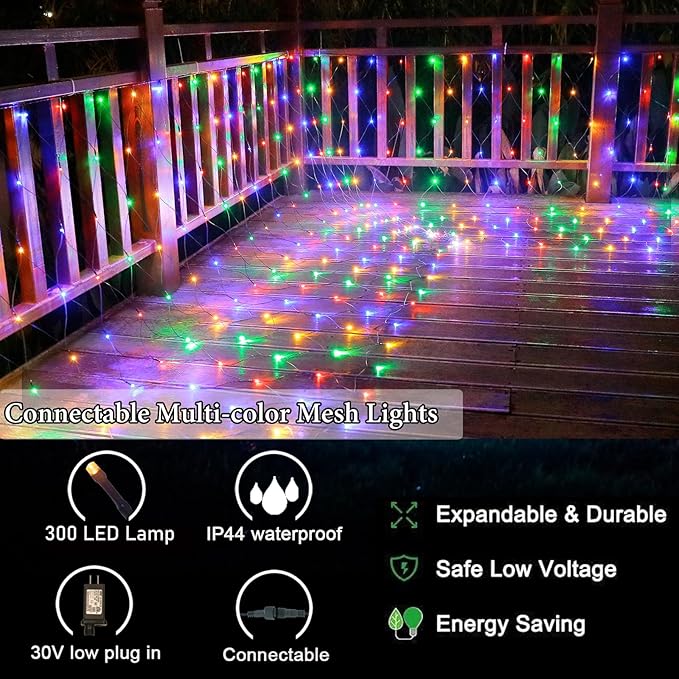 OYCBUZO 300 LED Christmas Net Lights, 14.8ft x 5ft Mesh Lights Outdoor 8 Modes Green Wire, Waterproof Connectable String Lights Plug in for Bushes Xmas Tree Garden Holiday Party Decor - Multicolor