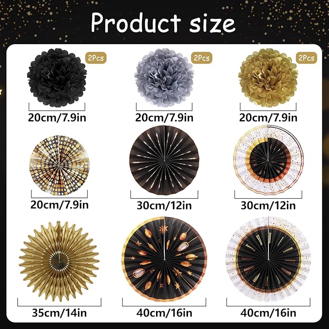 14 Pcs 2026 New Years Eve Party Supplies, with Pre-strung Happy New Year Banner, Hanging Paper Fans 2026 New Years Eve Decorations, Black and Gold Hanging Decor for Happy New Year Party