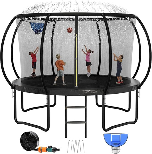 8FT 10FT 12FT 14FT 16FT Trampoline Outdoor, Trampolines for Kids & Adults, Pumpkin Trampolines with Safety Net, Ladder, Coating Metal Frame, ASTM Approved Large Backyard Trampoline for Kids