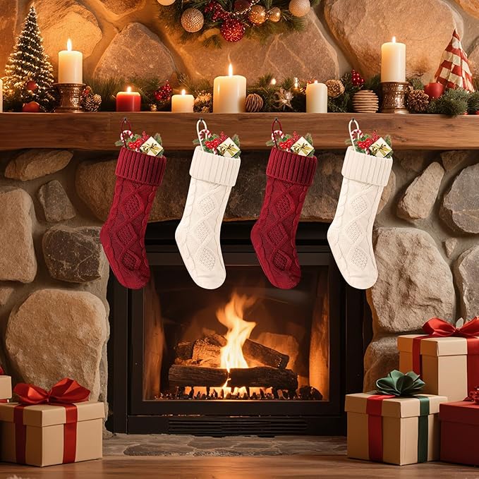 Christmas Stockings 18 Inches,Long Knitted Socks Christmas Decoration Hanging Stocking Fireplace Xmas Tree Stocking for Home Family（2red+2white）
