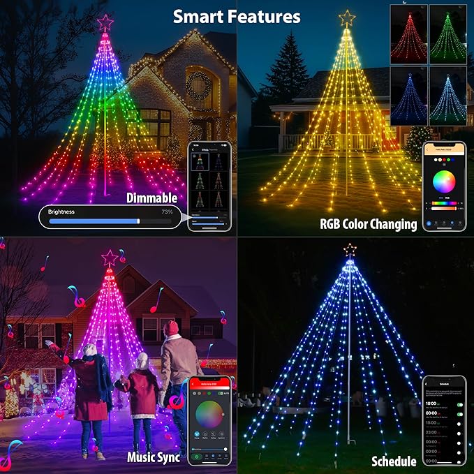 Probro 12FT Outdoor Christmas Tree Lights with Iron Pole, 468 LED RGB Color Changing, APP and Remote Control, IP65 Waterproof, 85+ Lighting Modes for Yard Holiday Xmas Party Outside Decorations