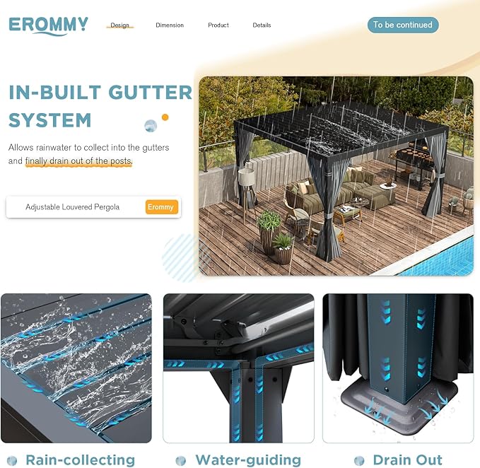 EROMMY Louvered Pergola 10' x 10' Outdoor Hard Top Pergola with Aluminum Frame and Adjustable Metal Rainproof Roof for Garden & Patio, Curtains and Netting Included, Gray-Black