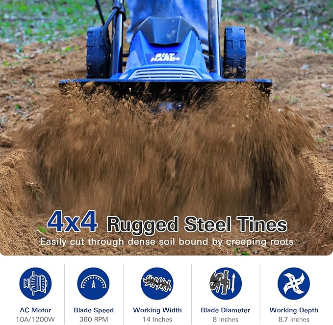 BILT HARD 14 10Amp Electric Garden Tiller | 4 Steel Tines Tiller Cultivator with Foldable Handle & Adjustable Wheels for Soil Cultivation, Weeding, Portable Gardening