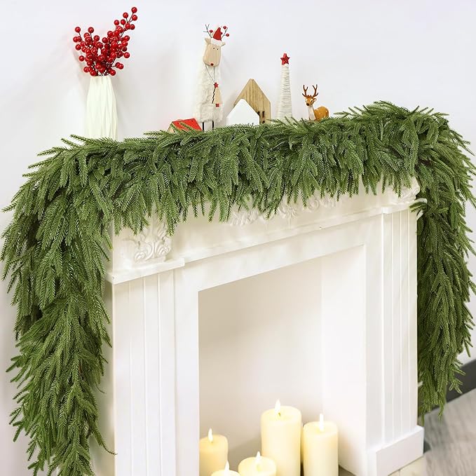 9FT Artificial Norfolk Pine Garlands - Real Touch Winter Pine Garland, Green Artificial Greenery Garland for Mantle, Table, Wall, Indoor & Outdoor Fireplace Christmas Decorations