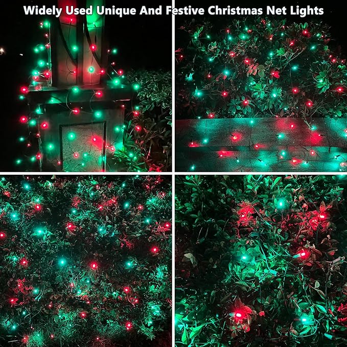 HISHINY LED Christmas Net Lights Outdoor,6ftx6ft 144LED Green Wire, Connectable Indoor Outdoor Bush Mesh Net Lights String for Halloween Christmas Party,Shrub,Yard,Tree（Red & Green）