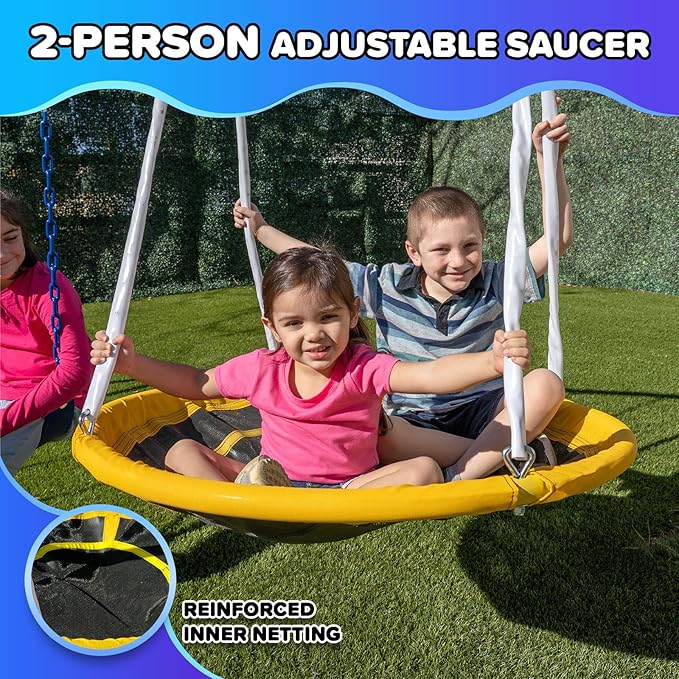Sportspower Triple Swing & Saucer Backyard Swing Set for Kids, 600LBS, 3 Sling Swings, Saucer Swing, 5 ft Slide, Anchor Kit, Outdoor Playset for Kids Aged 3-8, 17.1' W x 7.6' D x 6.1' H